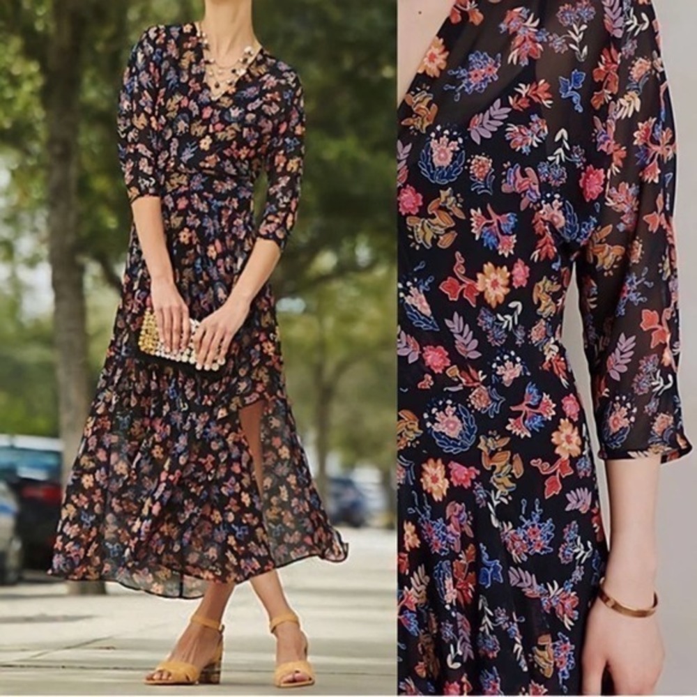 Anthropologie HD in Paris Varina Dress Black Floral Maxi Sheer Dress Size 0
